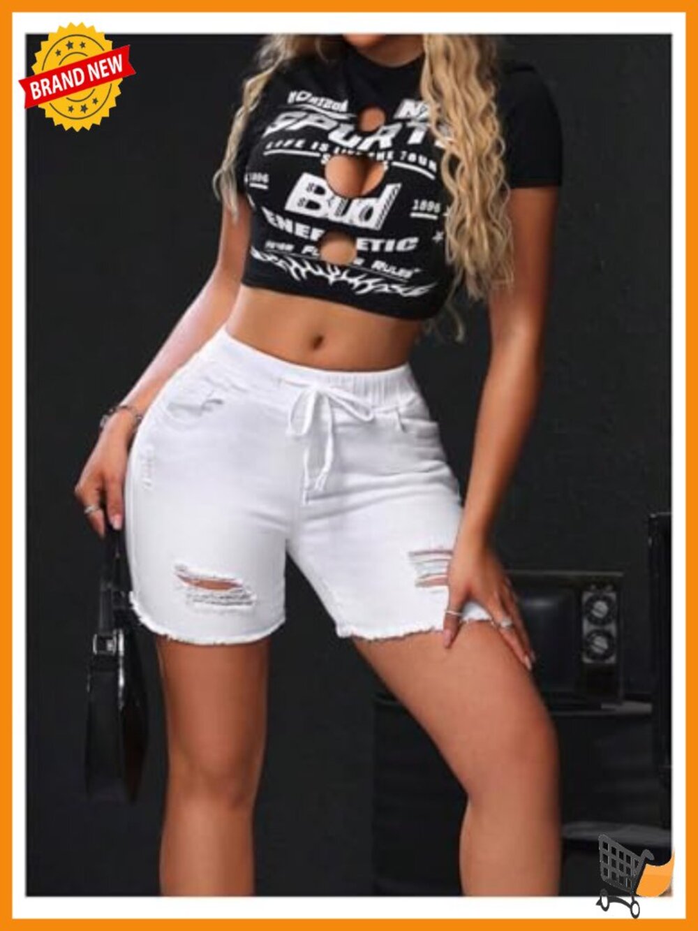Skinny Drawstring Waist Distressed Denim Shorts - Picture 4 of 4